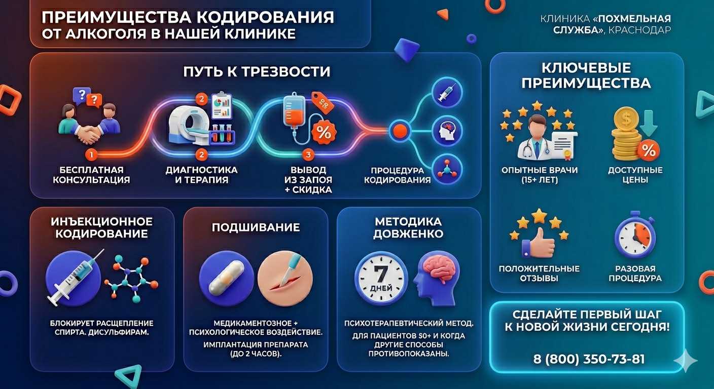 Инфографика о методах кодирования от алкоголя в Средней Елюзани: инъекции, подшивание, метод Довженко. Преимущества клиники и этапы лечения.